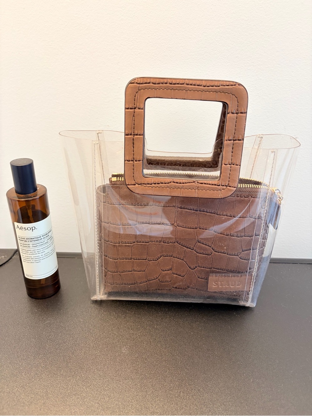 STAUD Mini Shirley PVC Tote with Brown Croc Inner Pouch